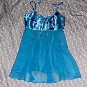 Secret Treasures Blue Satin Dress with Sheer Overlay
